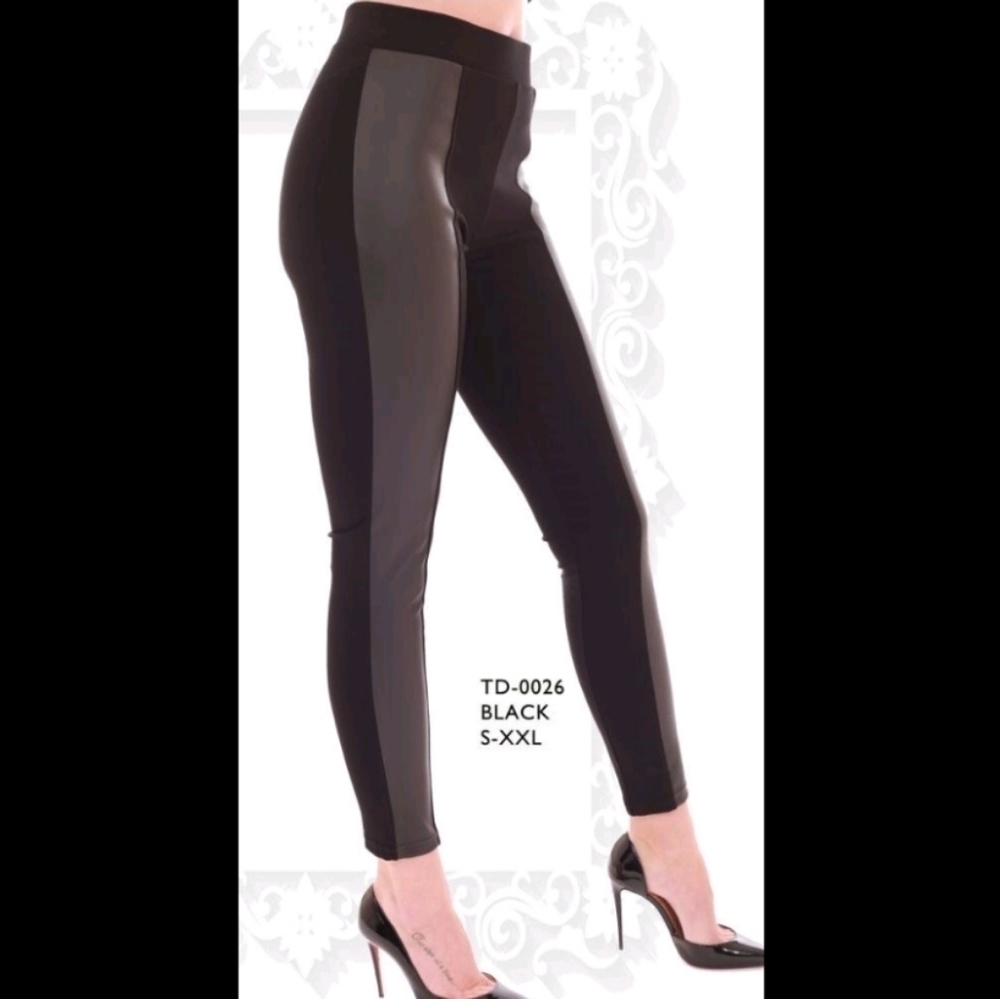 TRÏBE Tummy Control Solid Black Leggings With Faux Leather Size Medium NWT